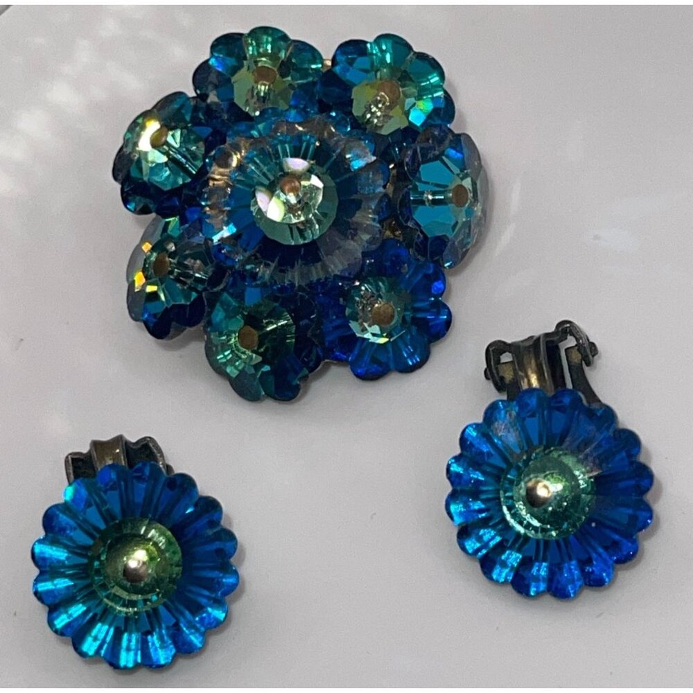 Vintage Rivioli Peacock Blue Floral Glass Rhinestone Brooch & Clip-On Earrings